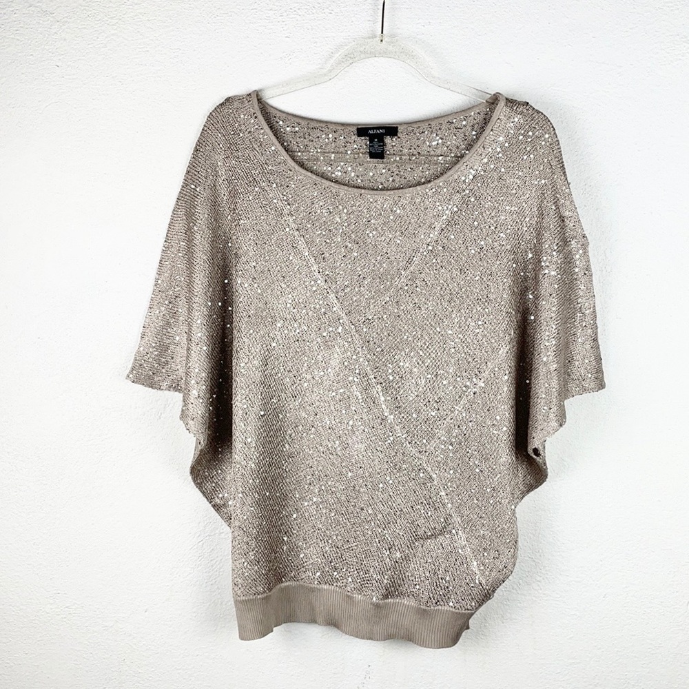 ALFANI | Champagne Sparkly Sequined Loose Dolman Batwing Shrug Sweater - Picture 2 of 10